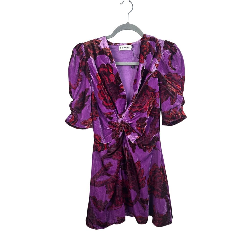 RHODE Leanna Dress Women Size‎ M Purple Pink Velvet Floral Puff Sleeve NWOT